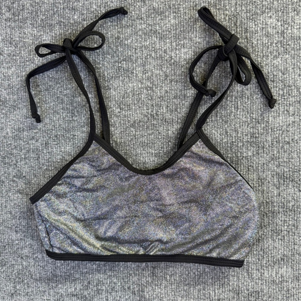 Rolita Couture Silver Holographic Rave Top Tie Strap Bralette XS Handmade USA